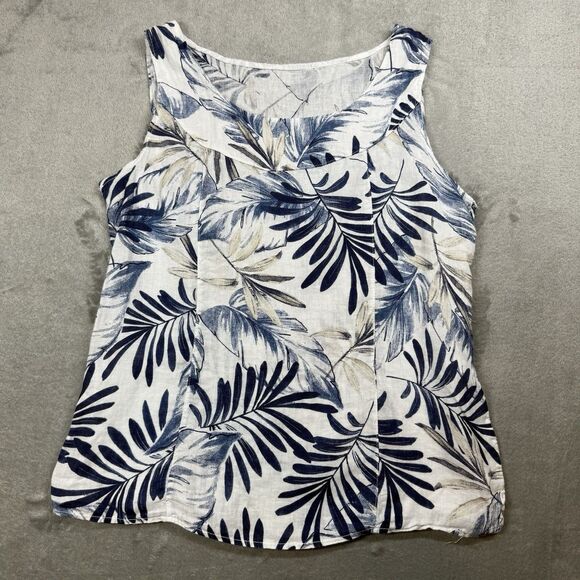 Linen Shirt Womens 2XL White Blue Floral Hawaiian Print Sleeveless Button Summer - Picture 1 of 5